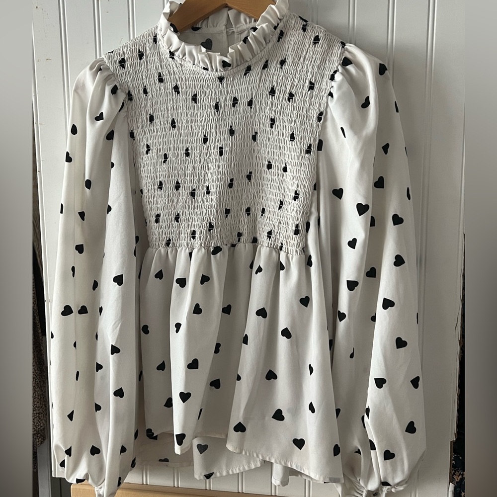 White with Black Heart Polka Dot Peplum Blouse